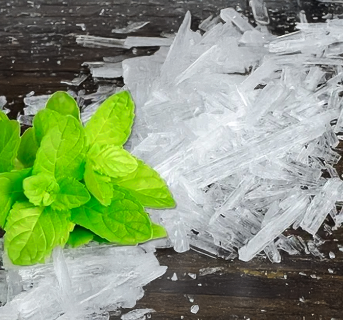 Menthol crystals with mint leaves