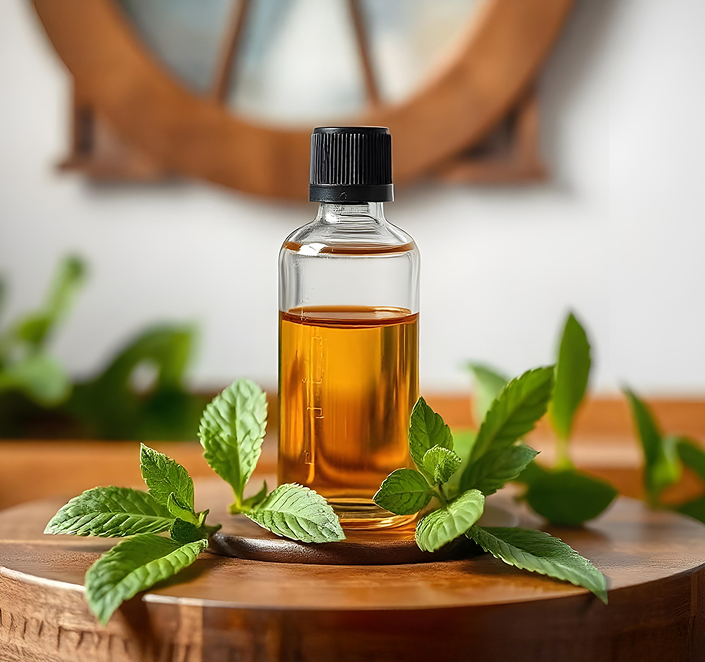Mint oil bottle with leaves
